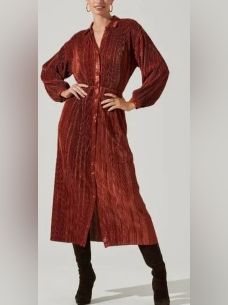 Astr The Label Ferran Plisse Cut Out Button Down Ls Midi Dress Rust Sz S Euc